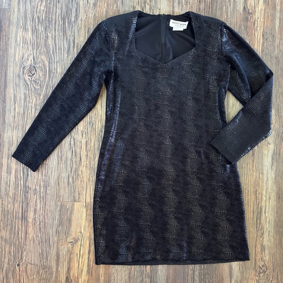 Vtg Betsy & Adam by Jaslene L/S Snakeskin Velvet Dress 12 Black Sweetheart Neck - Picture 1 of 14
